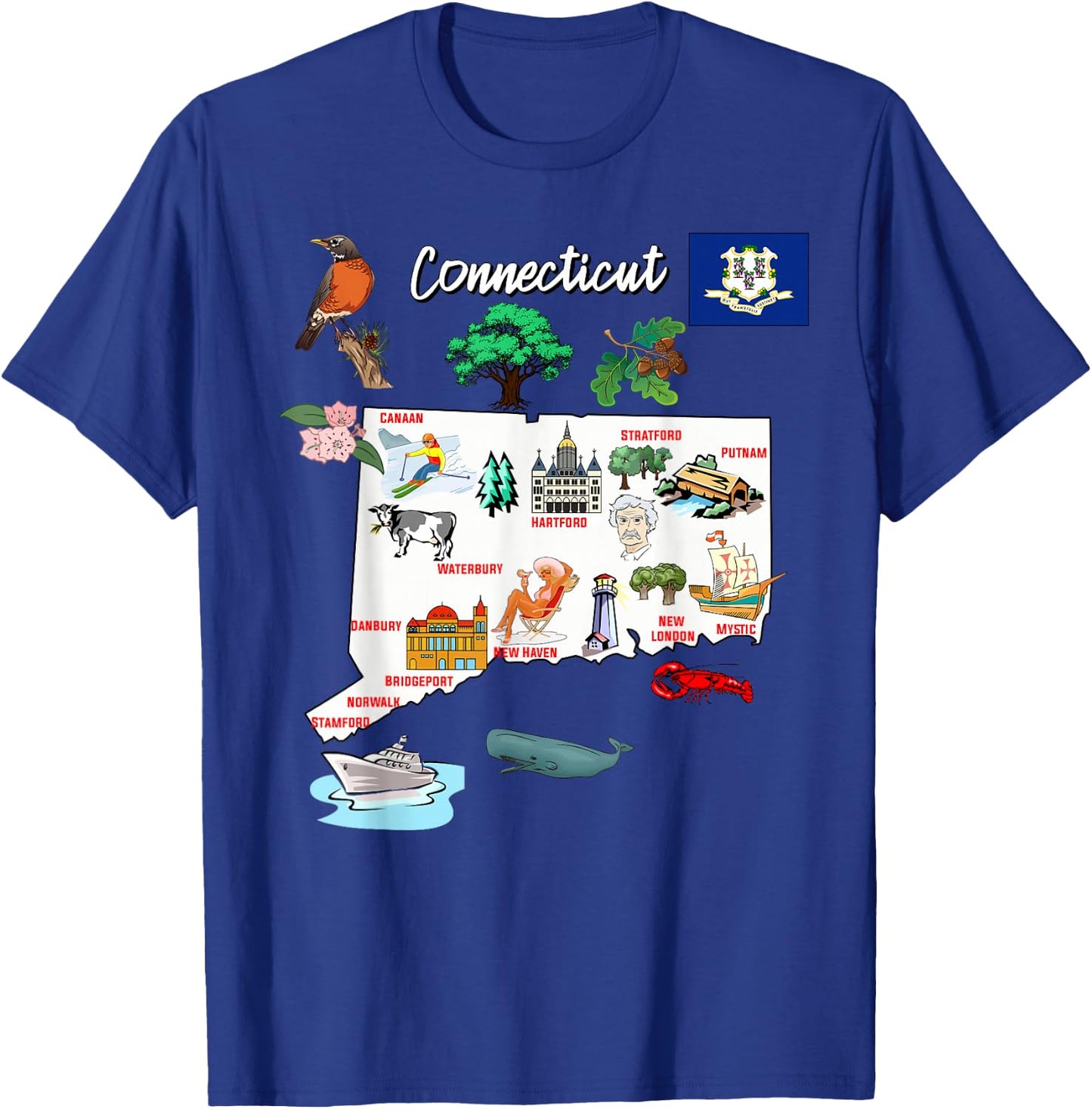 Illustrated map of Connecticut in the USA, cities T-Shirt - T-Shirt | Royal