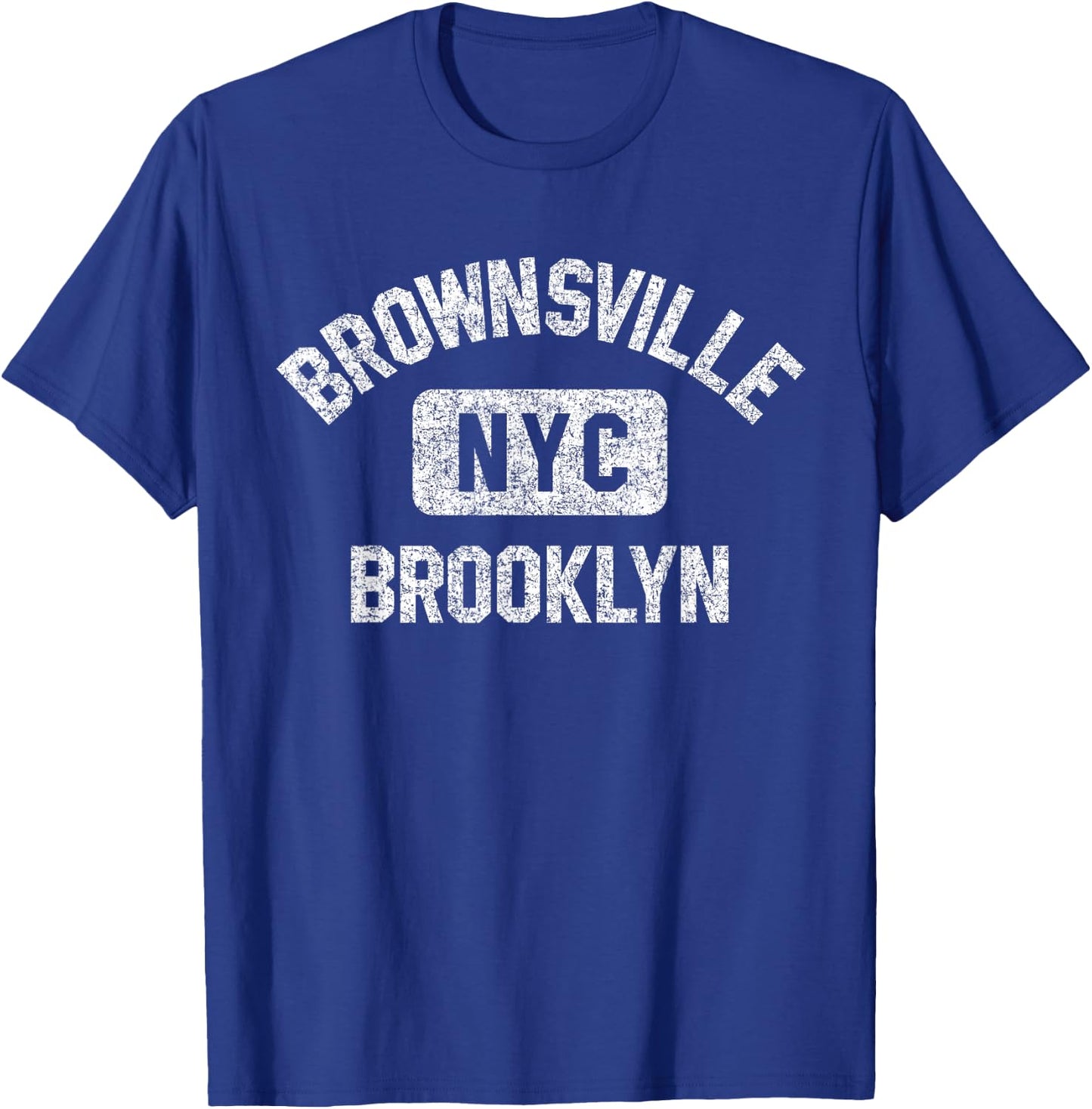 Brownsville Brooklyn Gym Style Distressed White Print T-Shirt - T-Shirt | Royal
