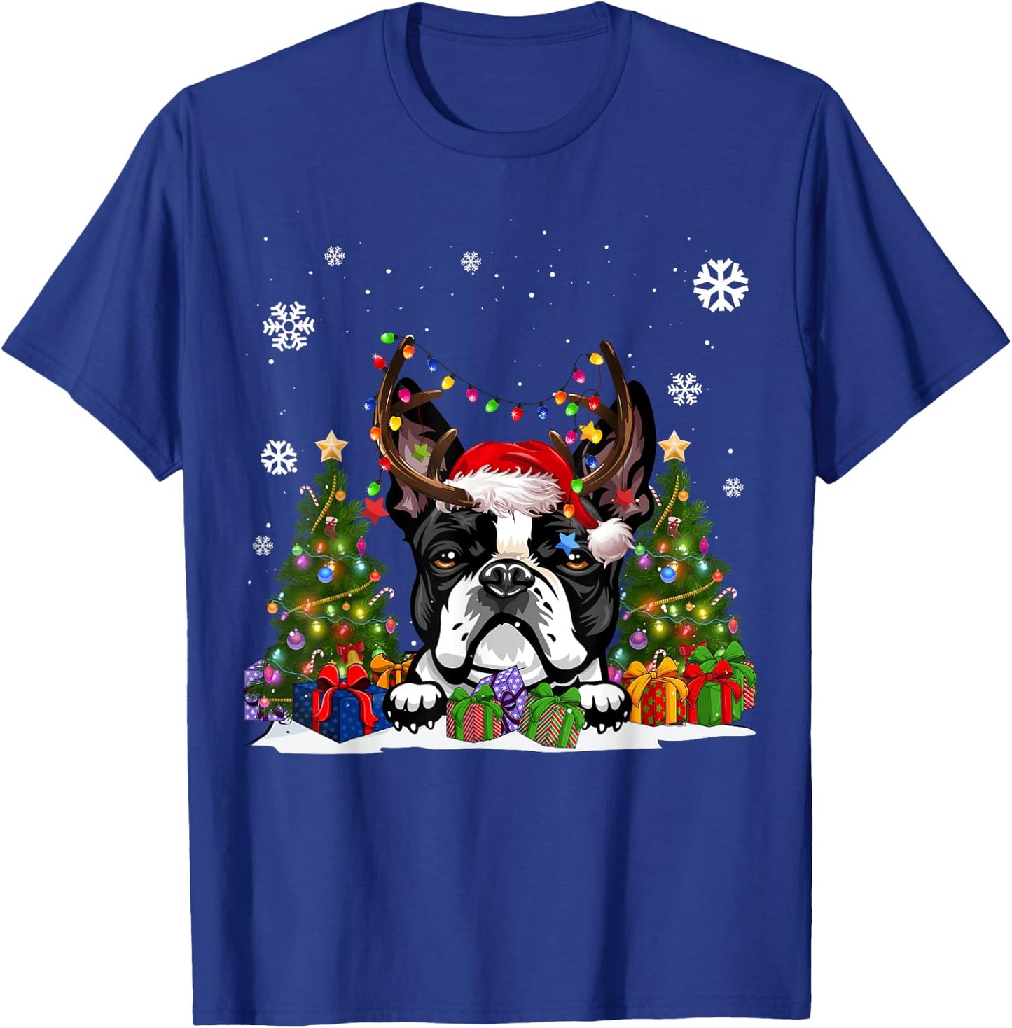 Funny Dog Boston Terrier Santa Hat Ugly Christmas Sweater Women Kids T-Shirt - T-Shirt | Royal