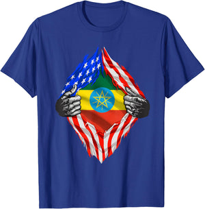 Ethiopia Roots USA Flag Patriotic Ethiopian Heritage Patriot T-Shirt - T-Shirt | Royal