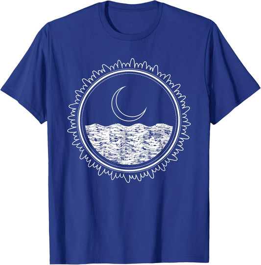 Crescent Moon Sea Night Sky Minimal Line Art Minimalist Gift T-Shirt - T-Shirt | Royal