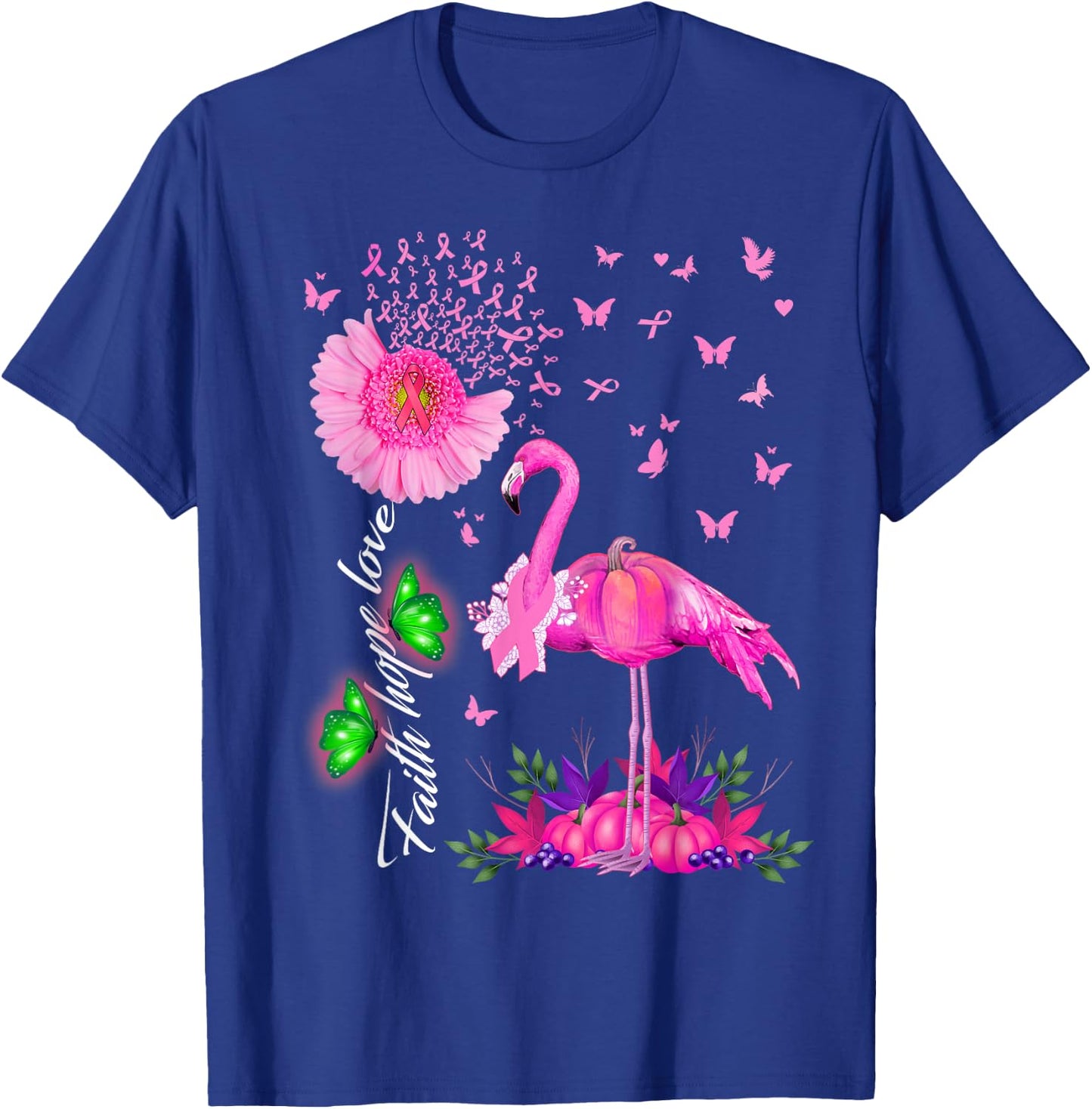 Flamingo Faith Hope Love Pink Pumpkin Ribbon Breast Cancer T-Shirt - T-Shirt | Royal