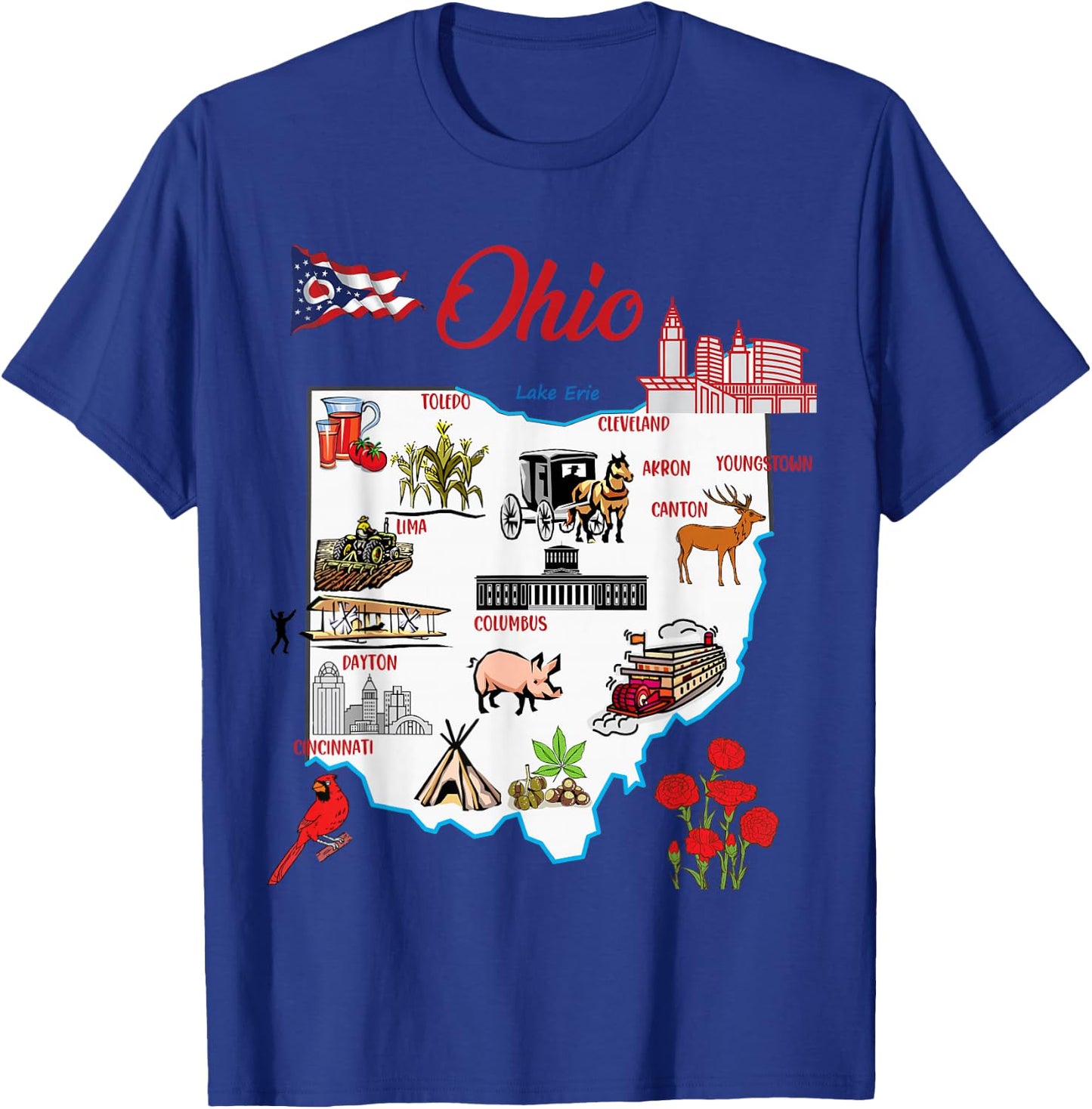 Illustrated map of the state of Ohio in the USA, major cities T-Shirt - T-Shirt | Royal