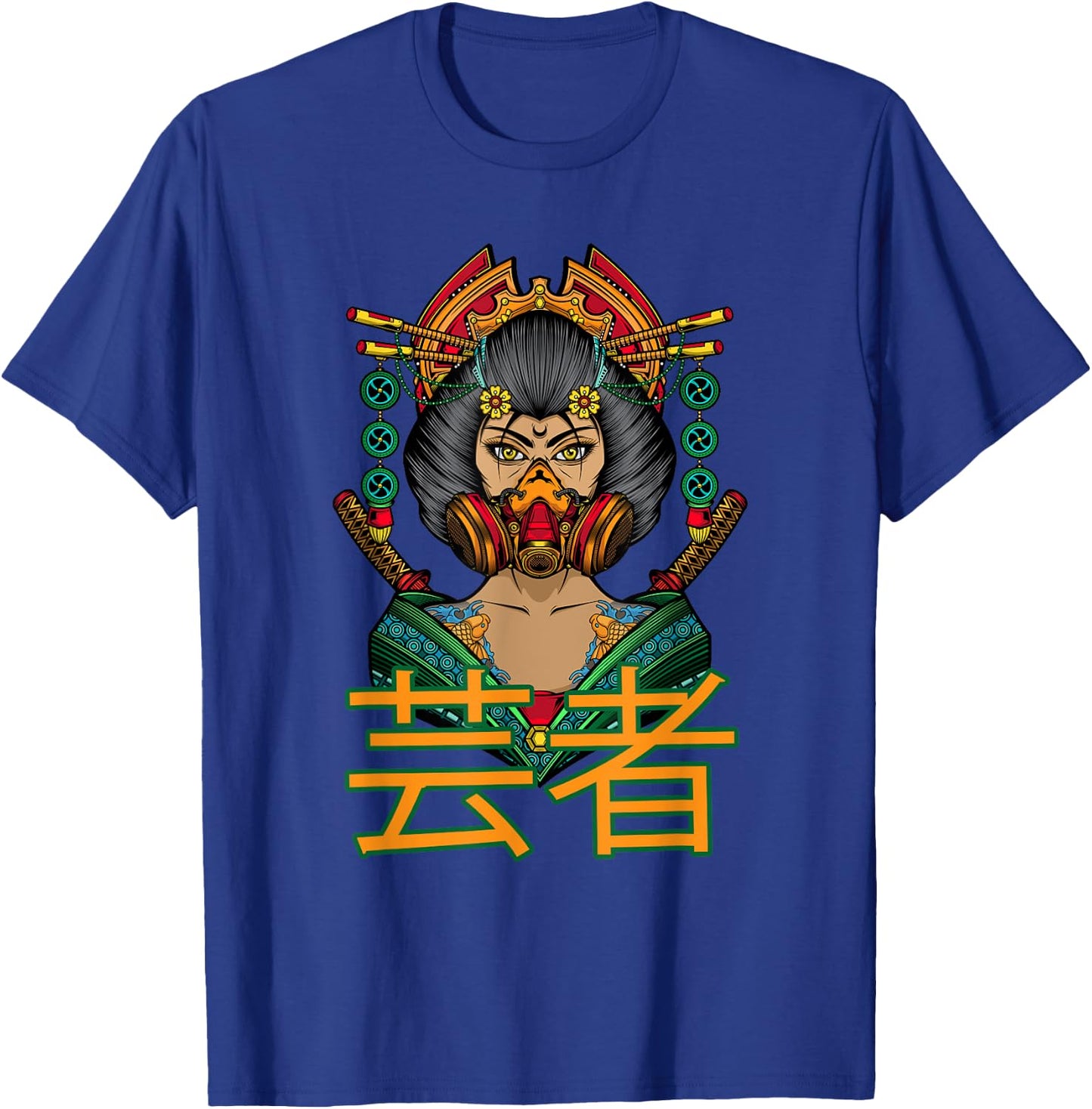 Beautiful Japanese Geisha with Samurai, Gas Mask and Flowers T-Shirt - T-Shirt | Royal