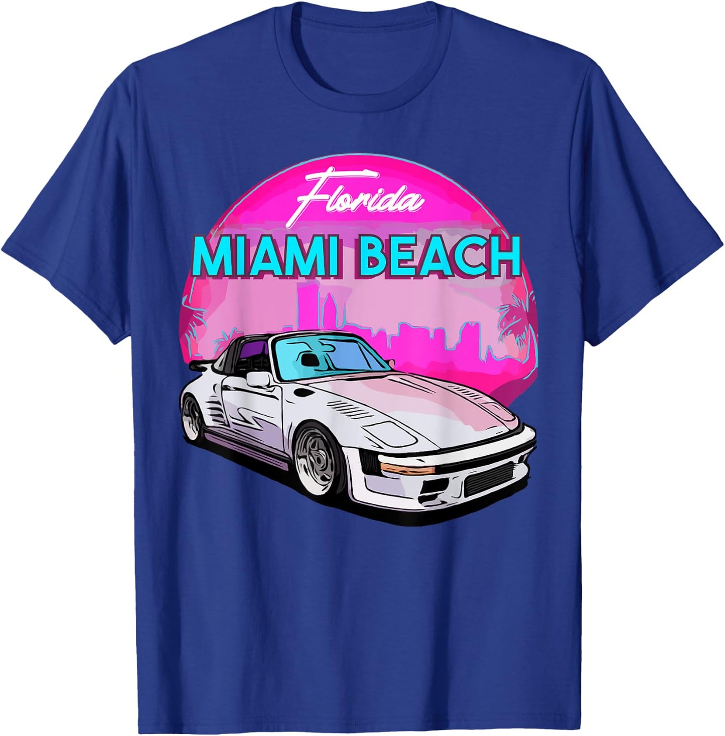 Miami Beach Florida Miami Palm Trees and Vintage Car T-Shirt - T-Shirt | Royal