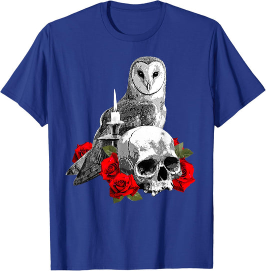 Spooky Witch Skull, Wiccan Owl and Candle with Red Roses T-Shirt - T-Shirt | Royal
