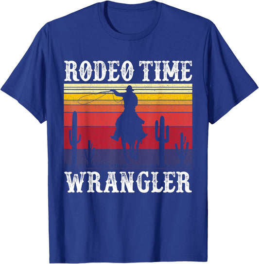 Rodeo Time Cowboy Lasso Wranglers Horse Retro Vintage Sunset T-Shirt - T-Shirt | Royal