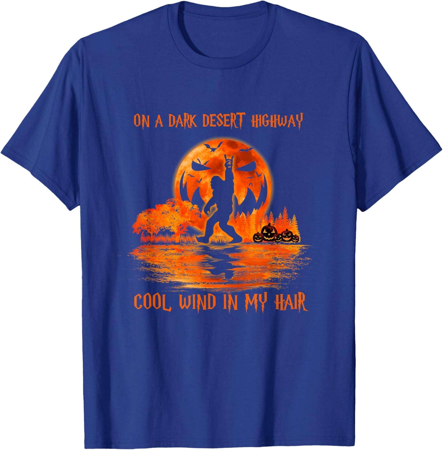 Bigfoot Middle Finger On A Dark Desert Highways Halloween T-Shirt - T-Shirt | Royal
