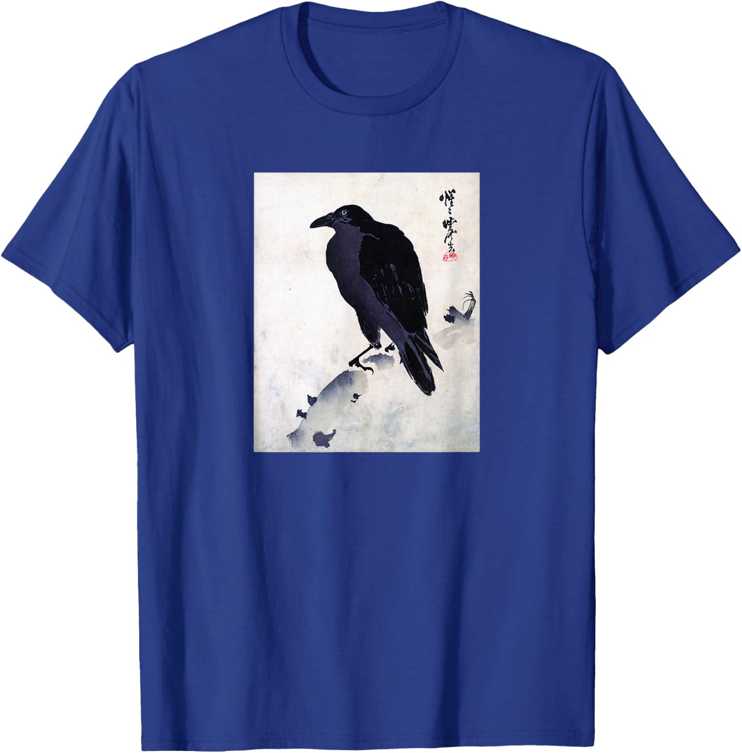 Japanese Crow Ink Art - Traditional Woodblock Bird T-Shirt - T-Shirt | Royal