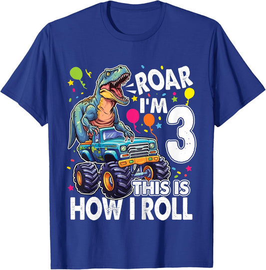Kids Dinosaur Monster Truck 3rd Birthday Party Roar I'm 3 Boys T-Shirt - T-Shirt | Royal