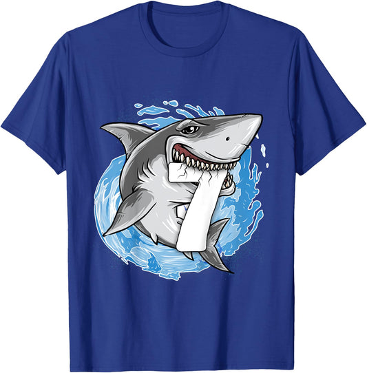 Kids Shark 7th Birthday Boy 7 year old Shark Theme Party 7 Shark T-Shirt - T-Shirt | Royal