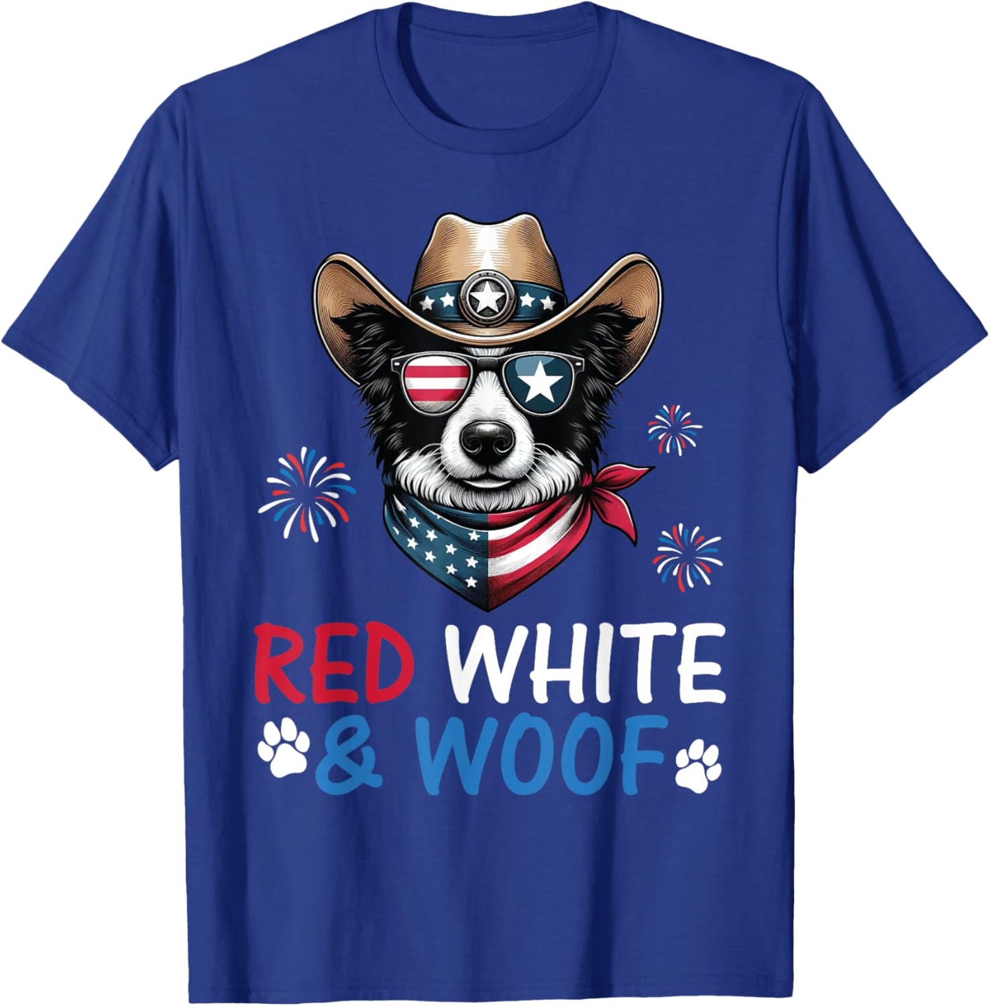 Border Collie Cowboy Costume Fireworks Red White and Woof T-Shirt - T-Shirt | Royal