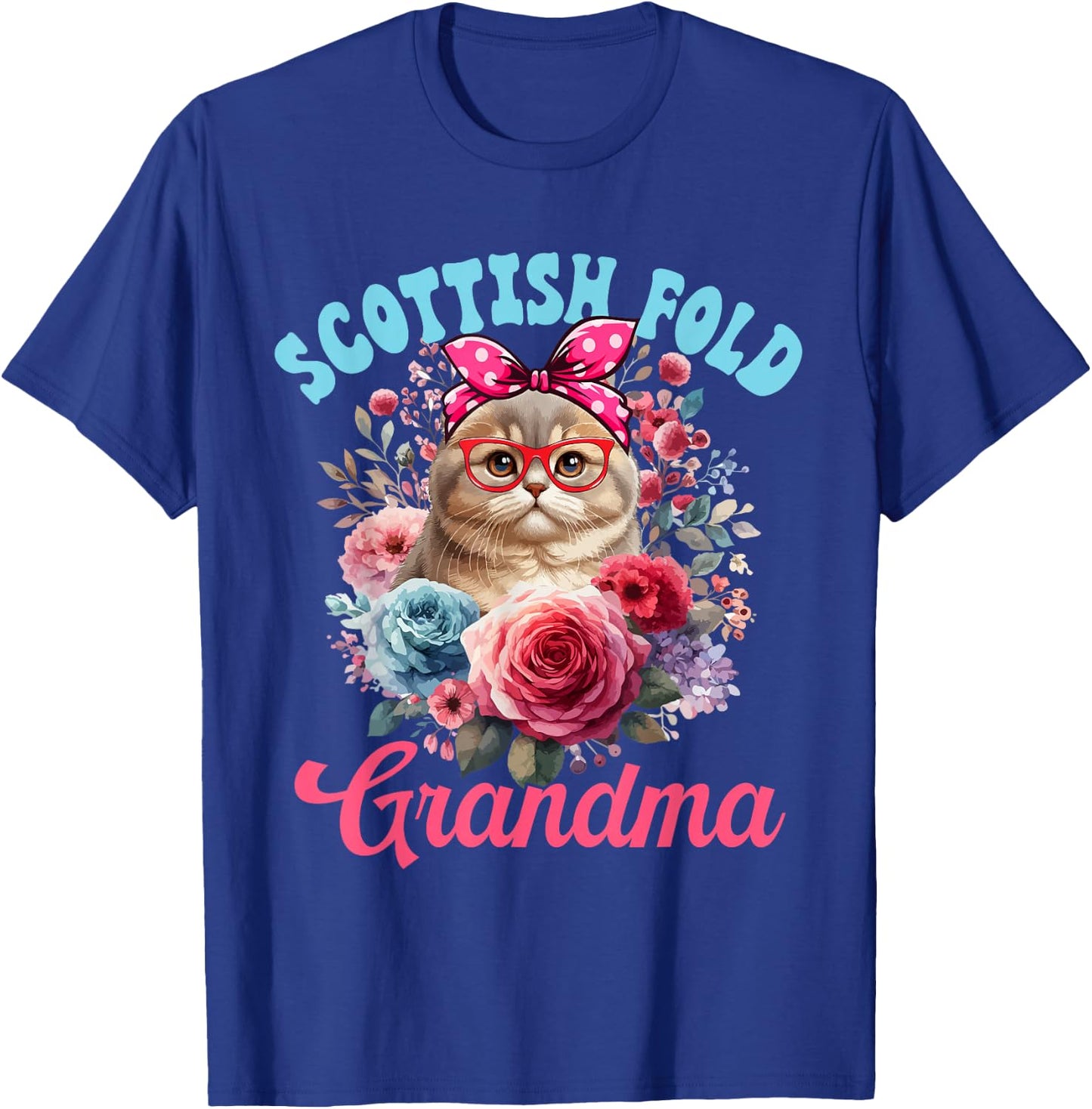 Scottish Fold Grandma Mother's Day Cat Bow Tie Floral T-Shirt - T-Shirt | Royal