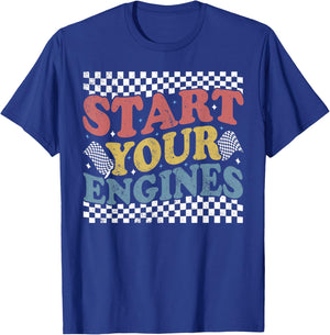 Groovy Checkered Flag Retro Racing Start Your Engines T-Shirt - T-Shirt | Royal