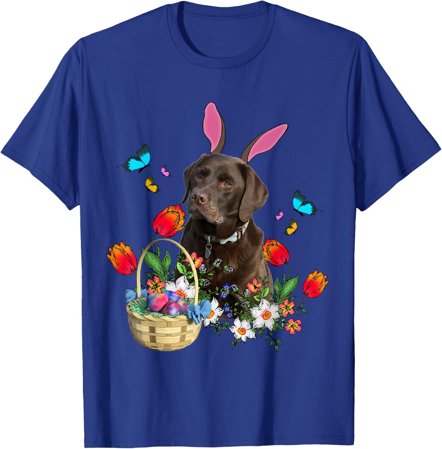 Chocolate Labrador Bunny Dog With Easter Eggs Basket Spring Women Girls Kids T-Shirt - T-Shirt | Royal