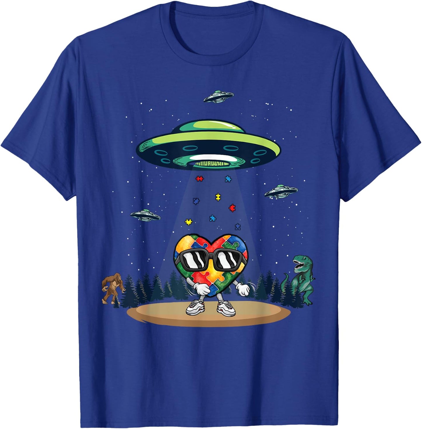 UFO Dinosaur Bigfoot Love Kindness Autism Awareness Puzzle T-Shirt - T-Shirt | Royal