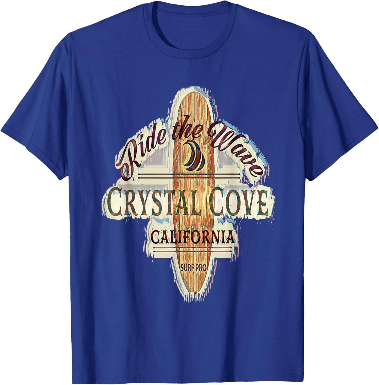 Crystal Cove Surfing Distressed Vintage Retro Surfboard T-Shirt - T-Shirt | Royal