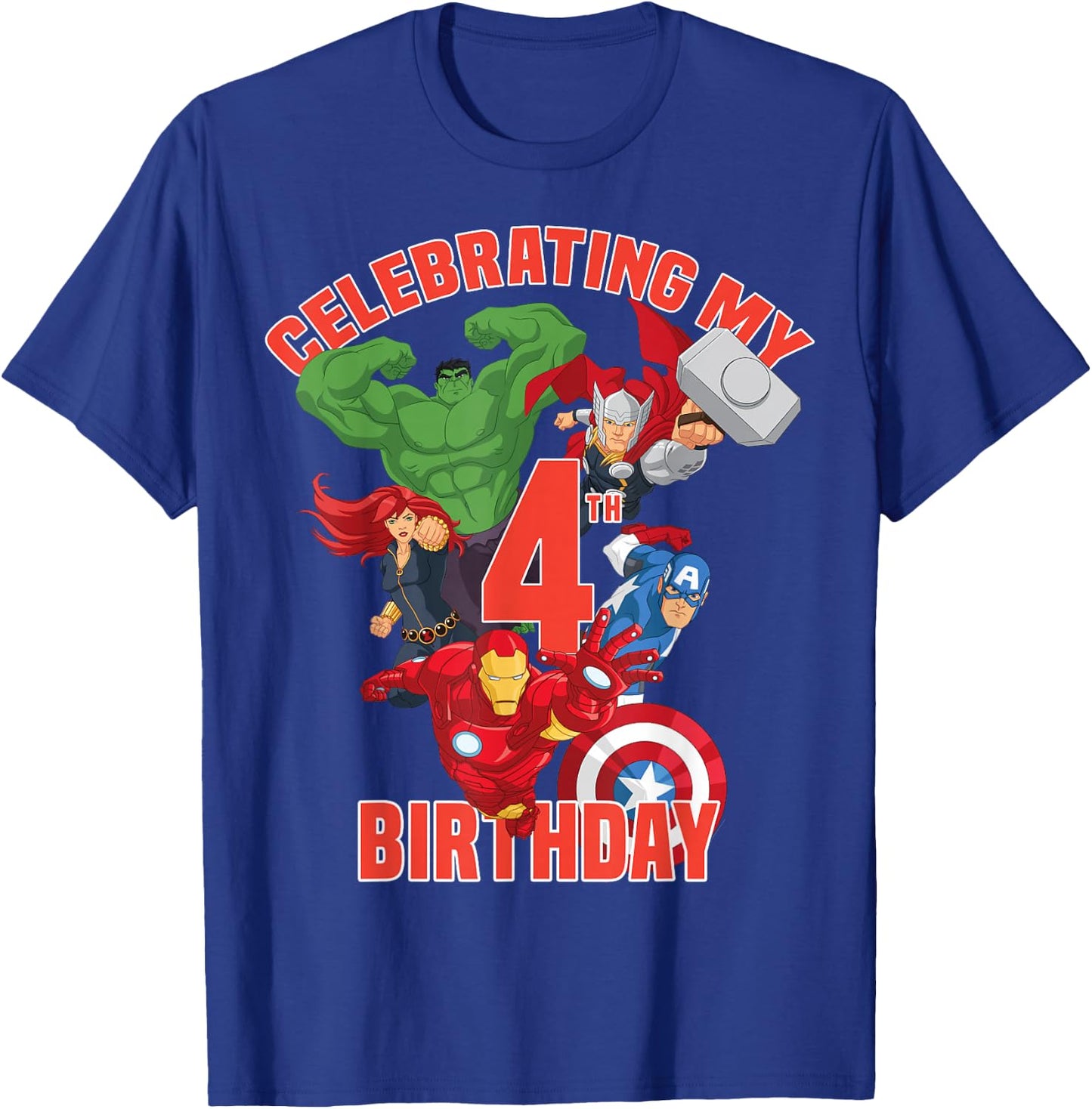 Marvel Avengers Celebrating My 4th Birthday Small T-Shirt - T-Shirt | Royal