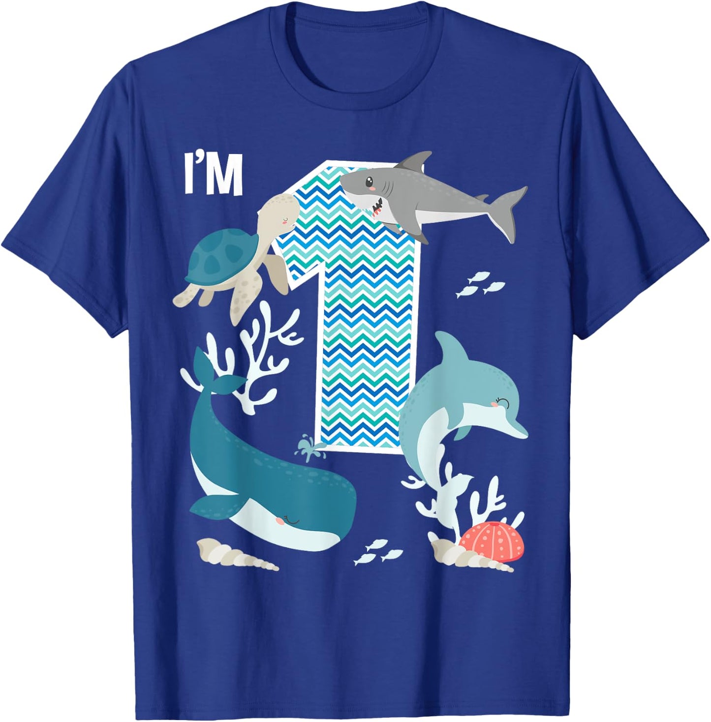 Kids 1 Year Old Ocean Life Whale Dolphin Shark 1st Birthday T-Shirt - T-Shirt | Royal