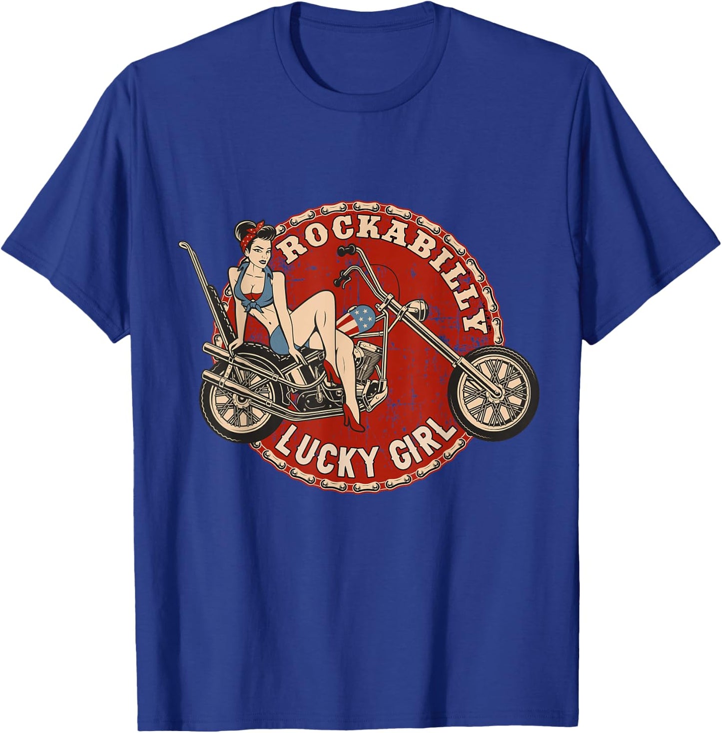 Motorcycle Pinup Girl Old School Rockabilly Lucky Girl T-Shirt - T-Shirt | Royal