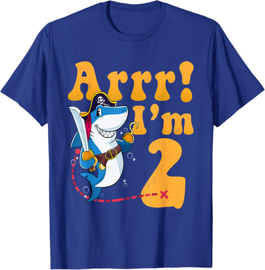 Kids 2nd Shark Pirate Birthday Party 2 Two Years Old Boys T-Shirt - T-Shirt | Royal