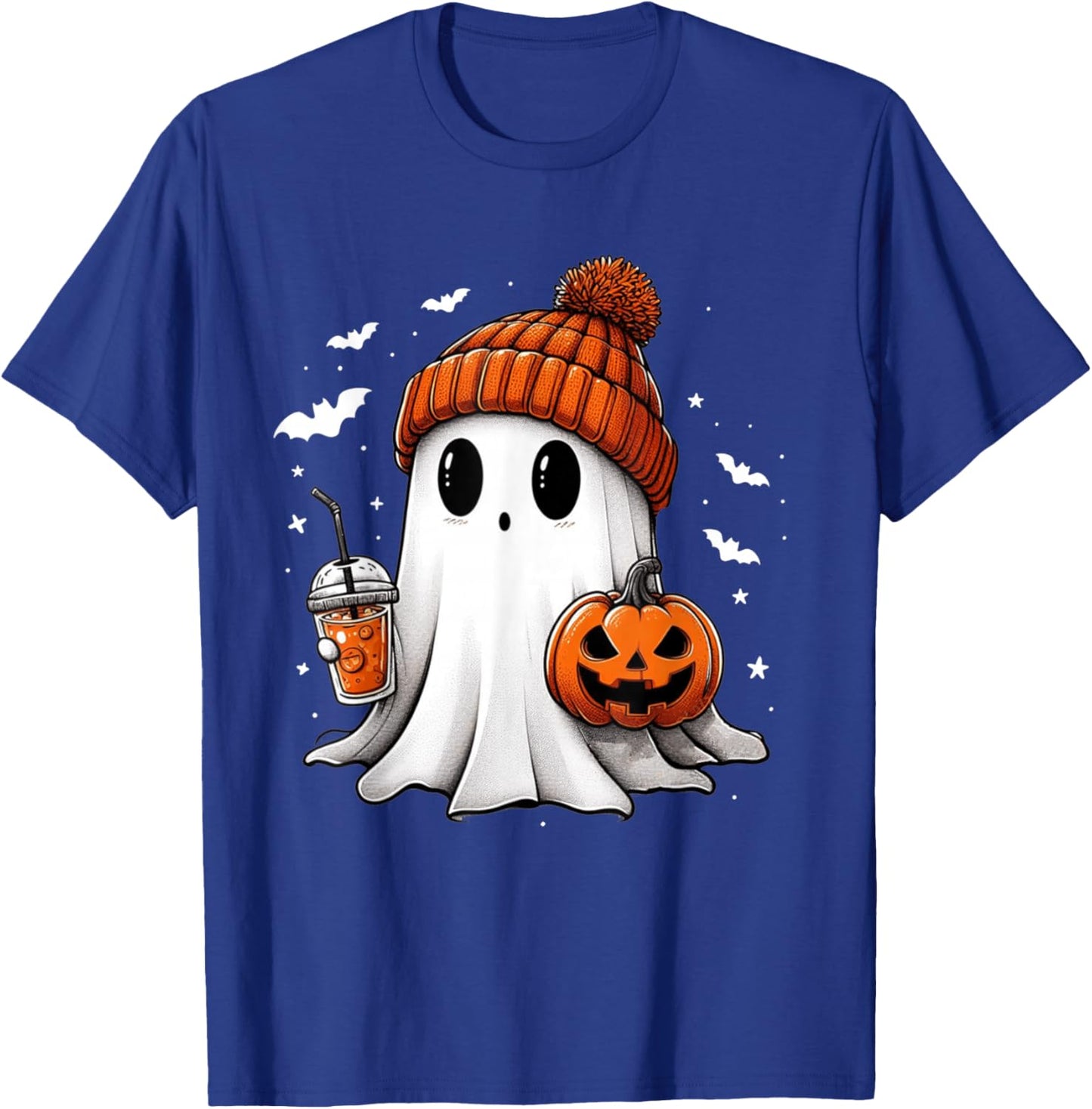 Cute Ghost Drinking Coffee Halloween Ghost Ice Coffee T-Shirt - T-Shirt | Royal