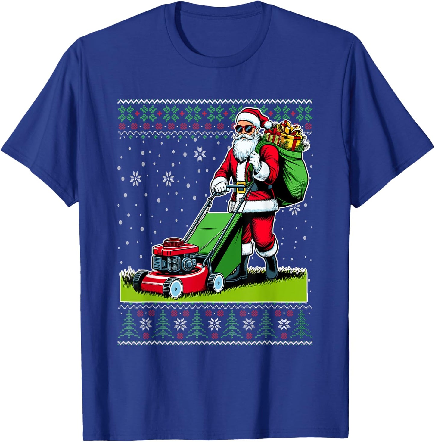 Christmas Santa Claus Mowing Lawn Ugly Christmas Sweater T-Shirt - T-Shirt | Royal