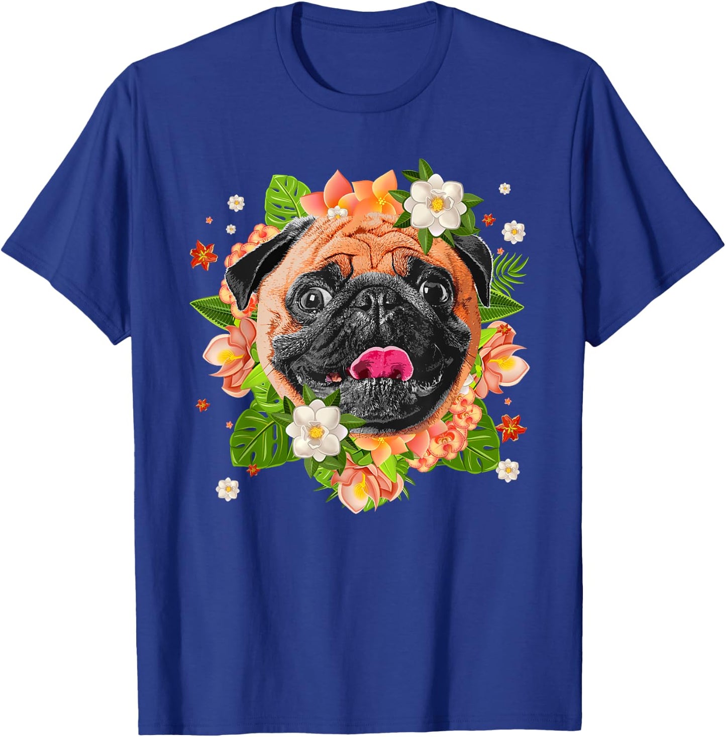 Cool Pug Dog Women Girls Pug Lovers Flower Hawaiian T-Shirt - T-Shirt | Royal