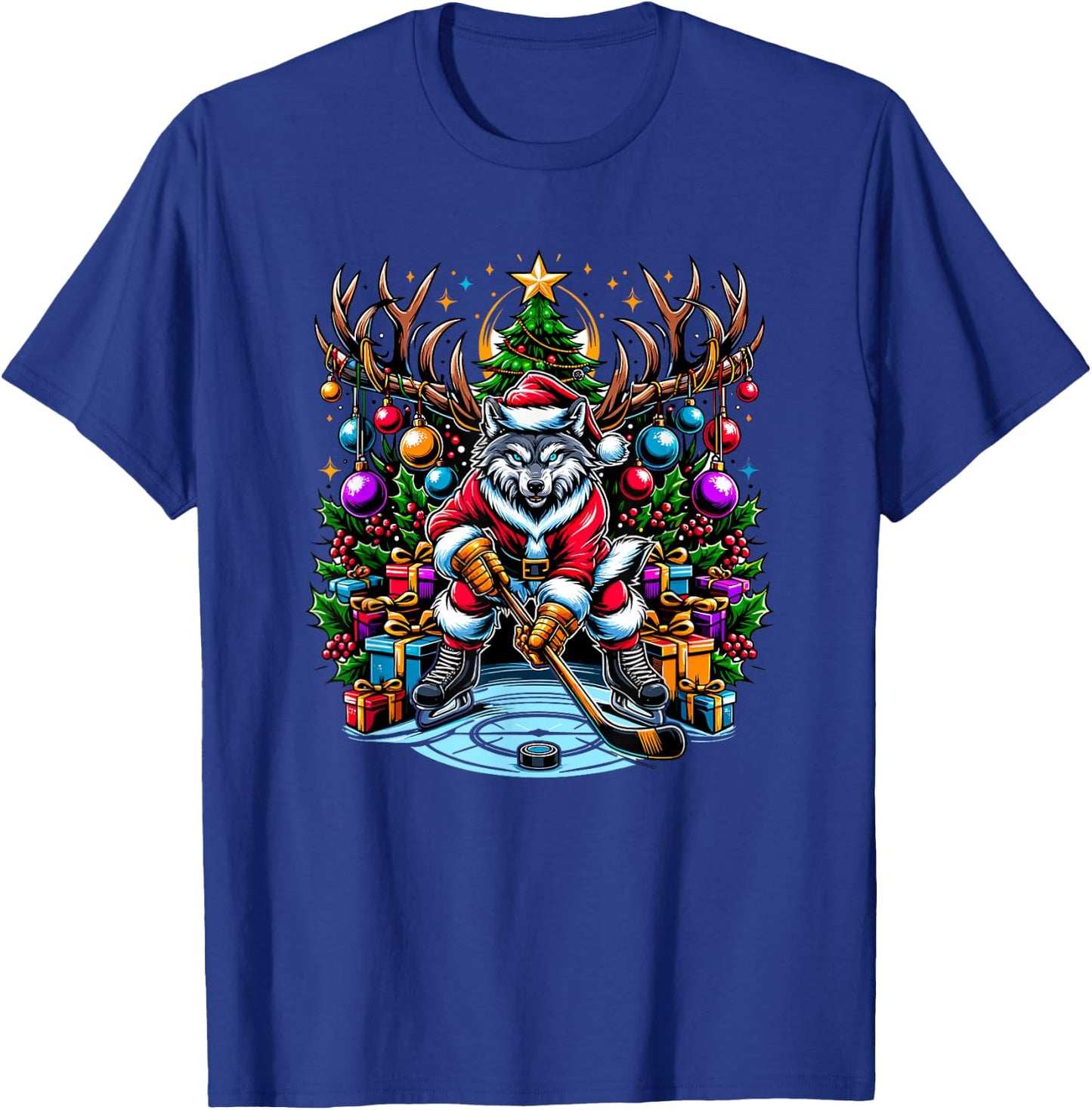 Funny Santa Wolf Playing Hockey Christmas T-Shirt - T-Shirt | Royal