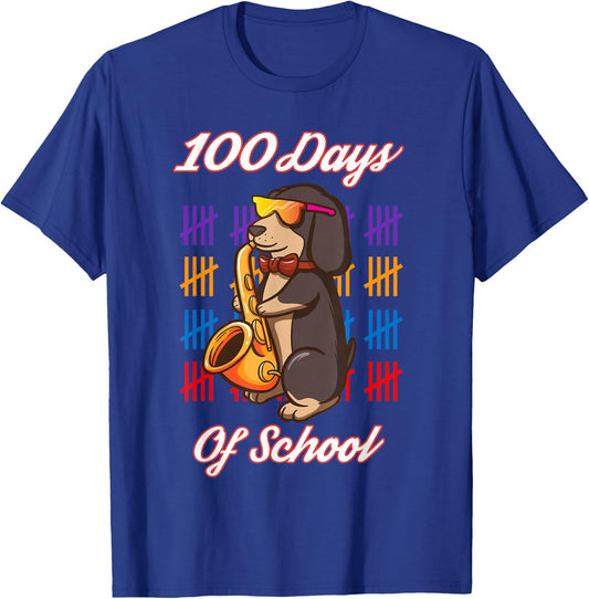 Happy 100 Days Of School For Boys Girls Dachshund Saxophone T-Shirt - T-Shirt | Royal