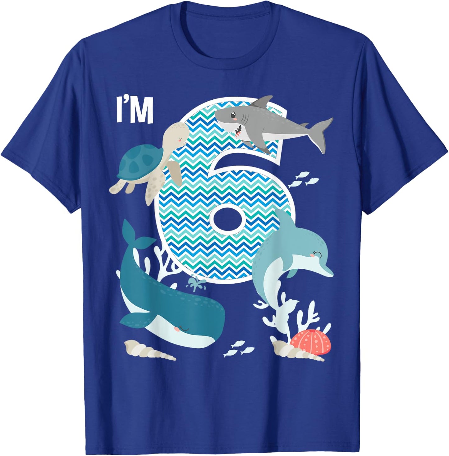 Kids 6 Year Old Ocean Life Whale Dolphin Shark 6th Birthday T-Shirt - T-Shirt | Royal