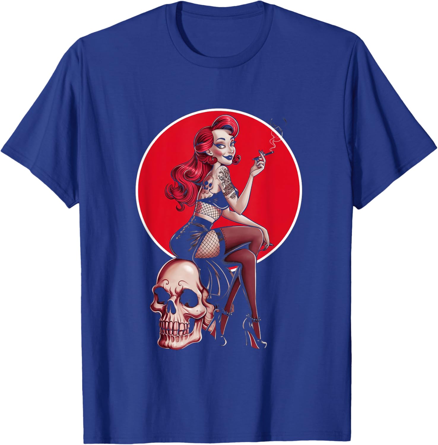 Tattoo Goth Pin-up Girl with Skull Vintage Horror Rockabilly T-Shirt - T-Shirt | Royal