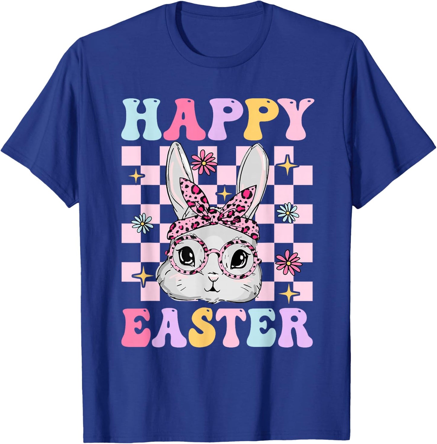 Retro Groovy Happy Easter Bunny Checkered Girl Kid T-Shirt - T-Shirt | Royal