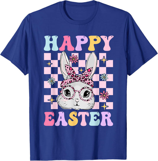 Retro Groovy Happy Easter Bunny Checkered Girl Kid T-Shirt - T-Shirt | Royal