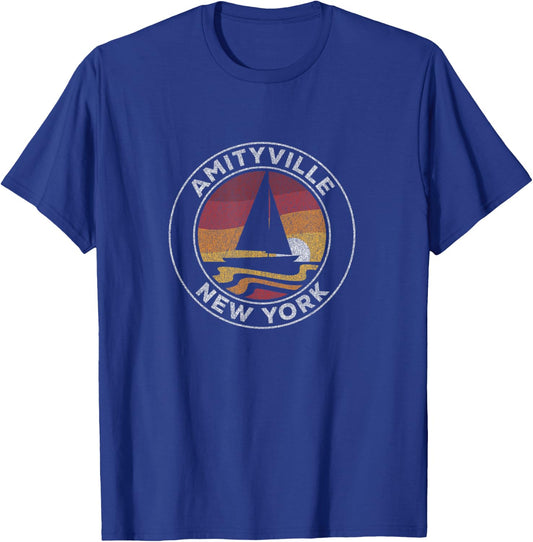 Amityville New York Vintage Sailboat 70s Retro Sunset T-Shirt - T-Shirt | Royal