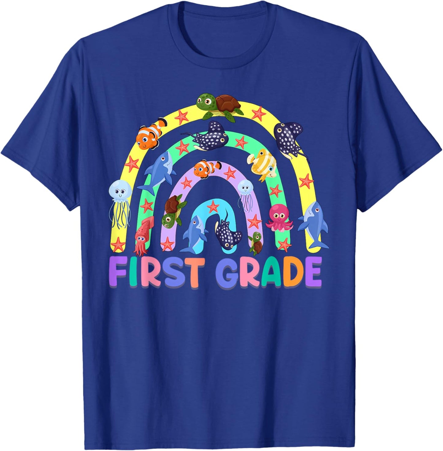 1St Grade Teacher Rainbow Ocean Animal First Grade Men Women Kids T-Shirt - T-Shirt | Royal