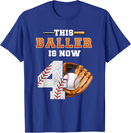 This Baller is Now 4 Kids Baseball Player 4th Birthday Boy T-Shirt - T-Shirt | Royal