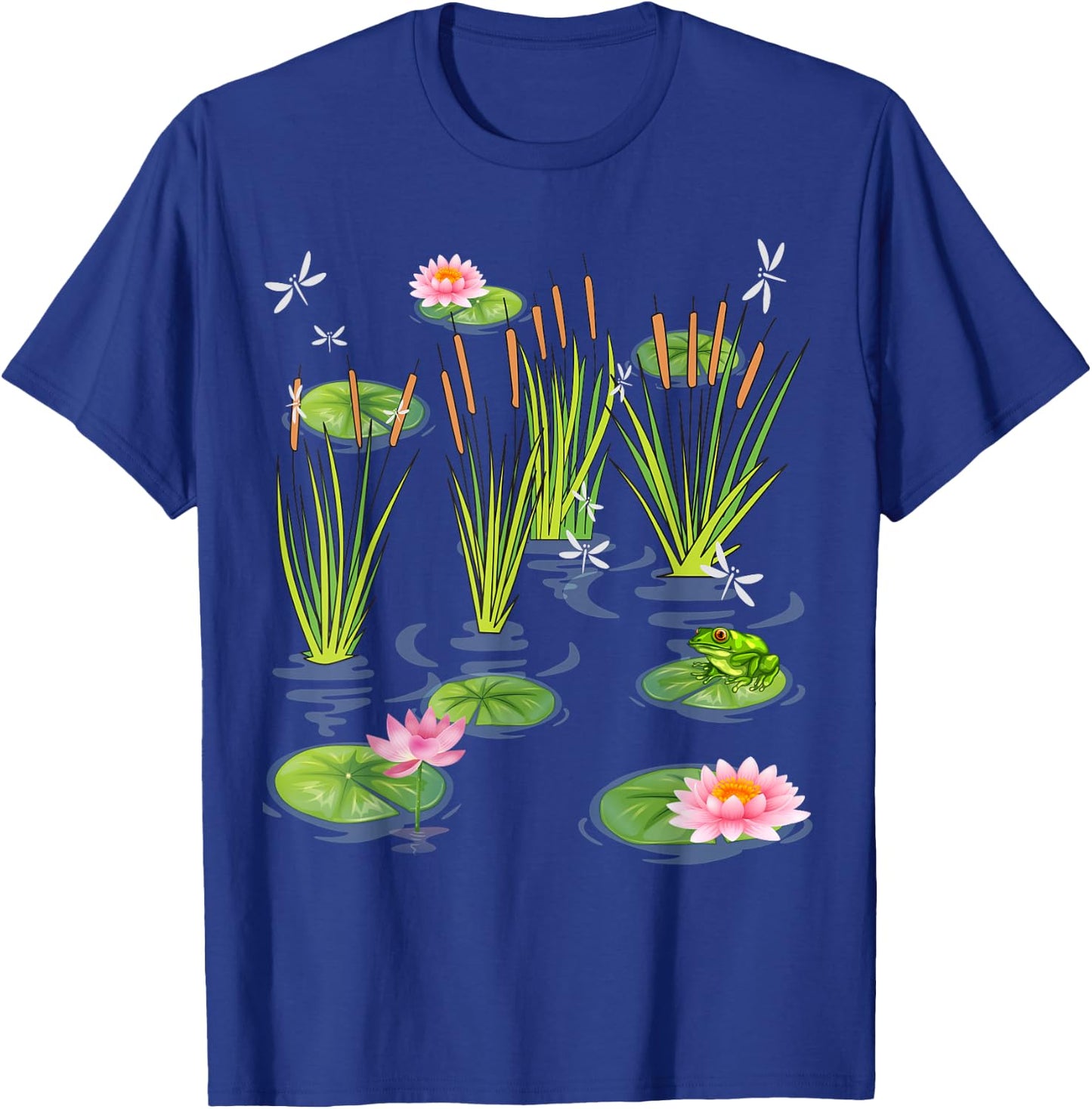 Water Lily Dragonflies with Frog on Lily Leaf Cattails T-Shirt - T-Shirt | Royal