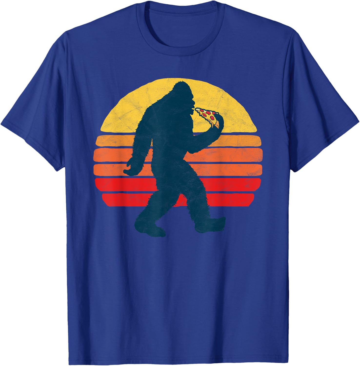 Sasquatch and Pizza! Funny Eating Bigfoot & 80s Sun Graphic T-Shirt - T-Shirt | Royal