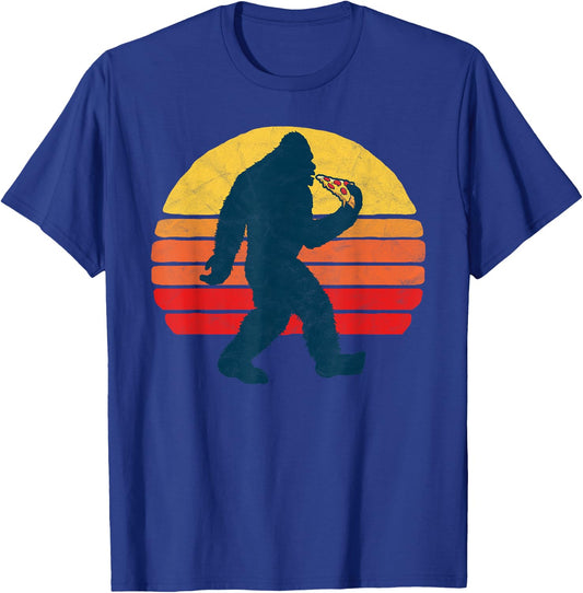 Sasquatch and Pizza! Funny Eating Bigfoot & 80s Sun Graphic T-Shirt - T-Shirt | Royal