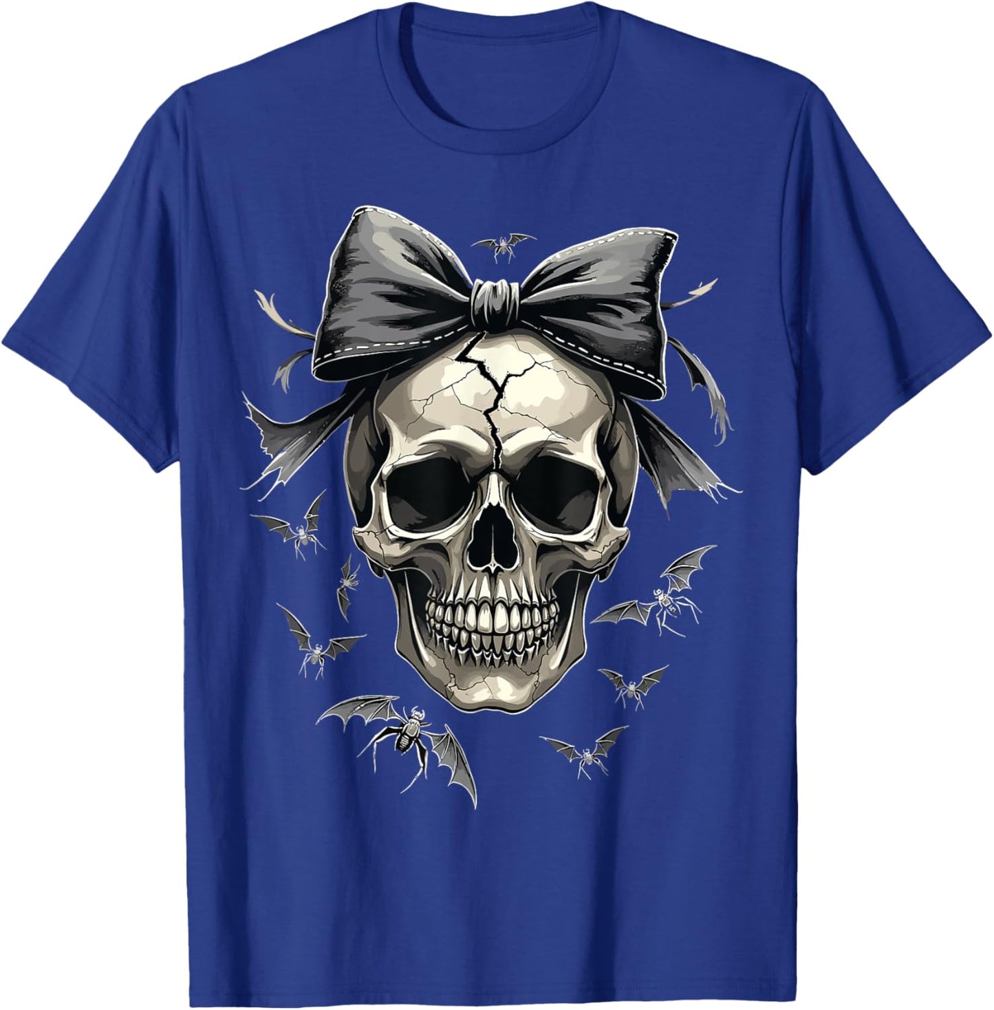 Coquette Skull with Bow and Bats Spooky Halloween T-Shirt - T-Shirt | Royal