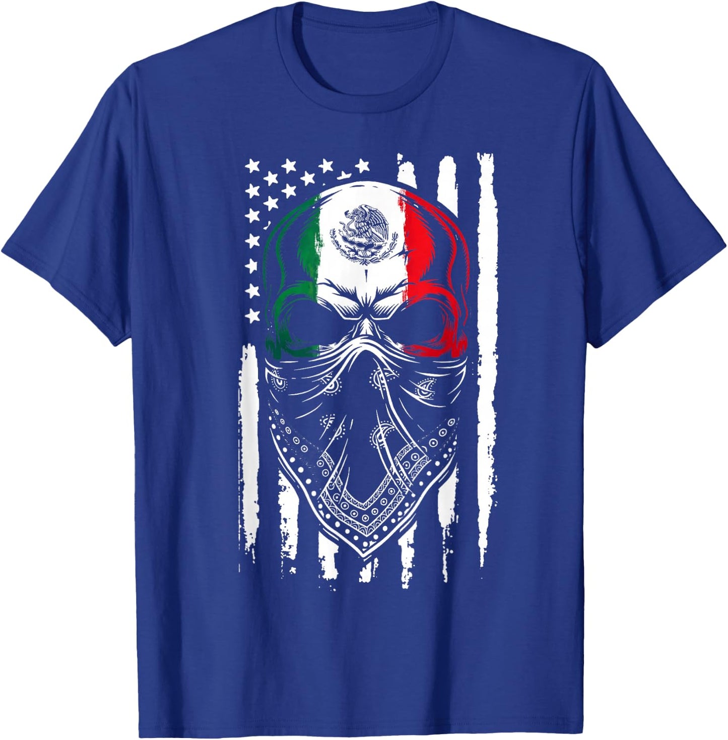 Skull Patriotic Mexican American Aztec Day of The Dead T-Shirt - T-Shirt | Royal