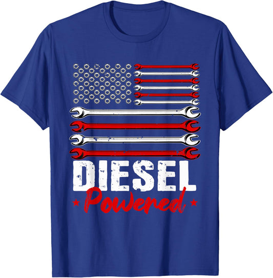 Diesel Mechanic Gifts Powered Patriotic American Flag T-Shirt - T-Shirt | Royal