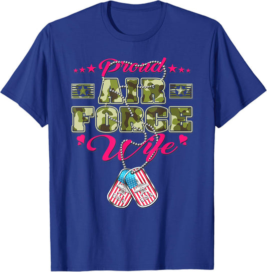 Proud Air Force Wife - Camo US Flag Dog Tags Military Spouse Men Women T-Shirt - T-Shirt | Royal