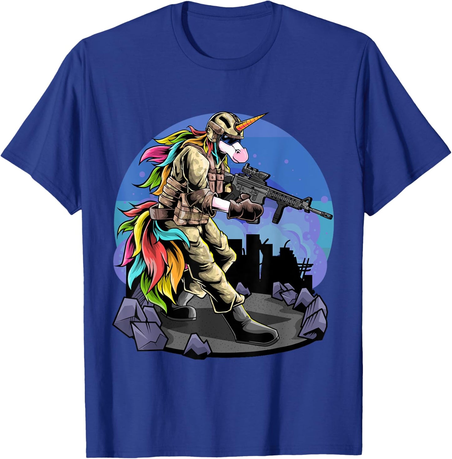 Unicorn Shooting A Gun I Unicorn Warrior I Soldier Unicorn T-Shirt - T-Shirt | Royal