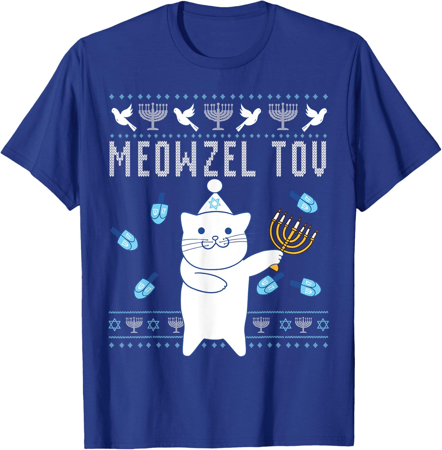 Meowzel Tov Jewish Christmas Cat Funny Ugly Hanukkah Gift Men Women Kids T-Shirt - T-Shirt | Royal