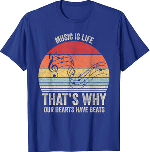 Vintage Retro Music Is Life That's Why Our Hearts Have Beats T-Shirt - T-Shirt | Royal