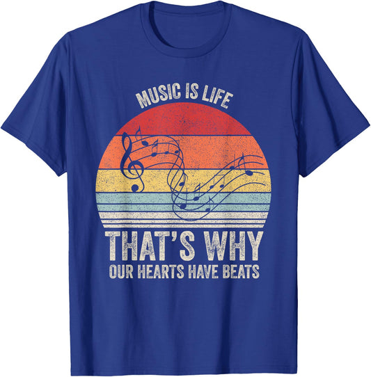 Vintage Retro Music Is Life That's Why Our Hearts Have Beats T-Shirt - T-Shirt | Royal