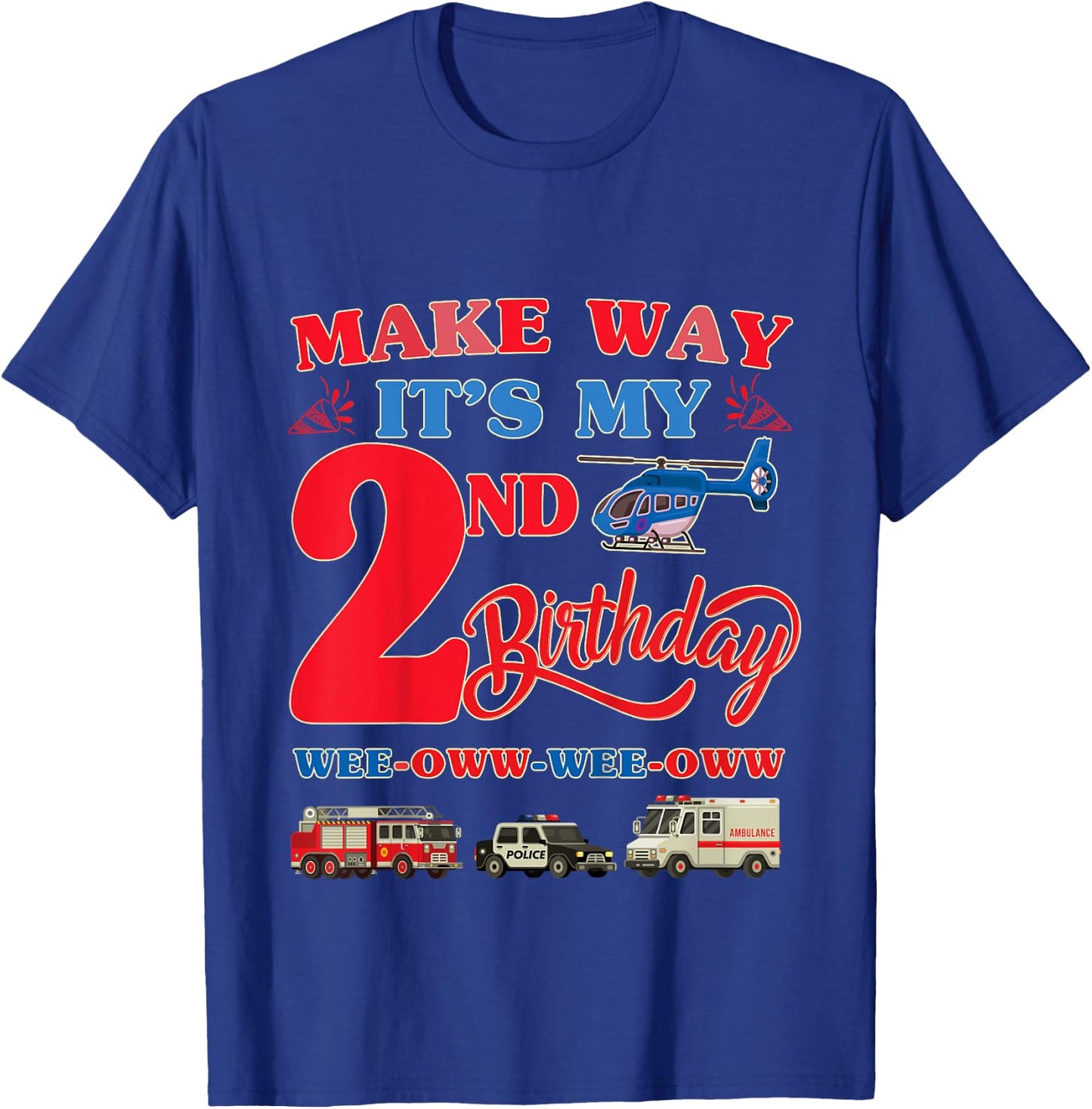 2nd birthday Rescue Vehicles Birthday theme 2 year old kids T-Shirt - T-Shirt | Royal