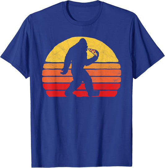 Sasquatch and Pizza! Funny Eating Bigfoot & 80s Sun Graphic T-Shirt - T-Shirt | Royal